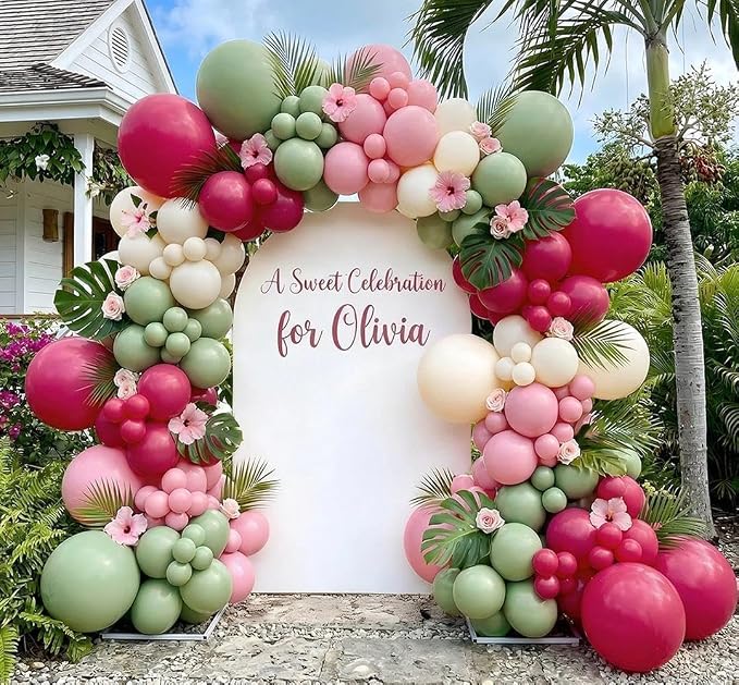 Hot Pink Sage Green Balloon Garland Arch Kit Double Stuffed | Dusty Olive Green by Olamivra