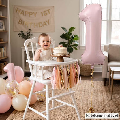 Baby Pink Number 1 Balloon 40 Inch, Foil Numeral Milestone Party Supplies | - Image 2