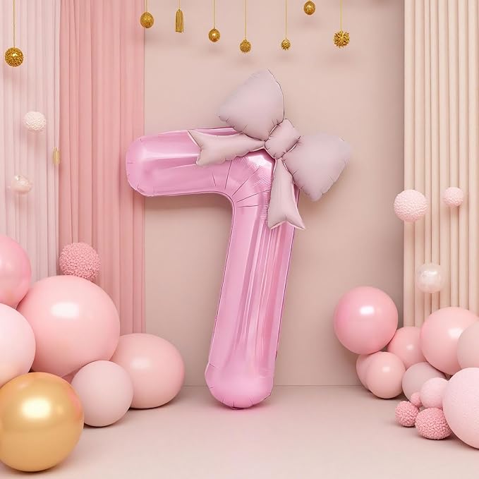 Bow Pink 7 Balloons, 40 Inch Giant Pink Bow Helium Foil Number 7 - Image 5
