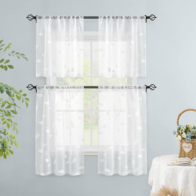 HOMEIDEAS White Sheer Kitchen Curtains 30 X 36 Inch Length 2 Panels Embroidered - Image 6