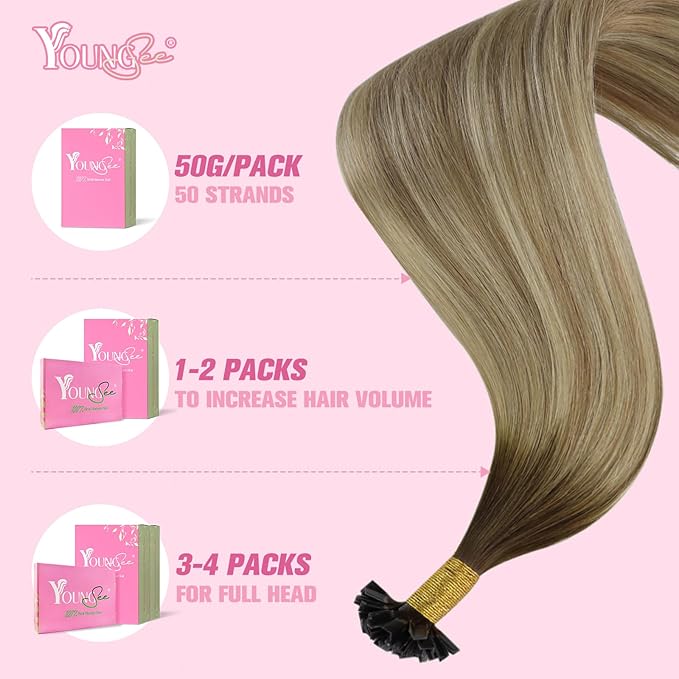 YoungSee K Tip Hair Extensions Balayage 22In Keratin Hair Extensions Human Hair Ombre Dark Brown to Brown with Blonde Straight 50s/50g
