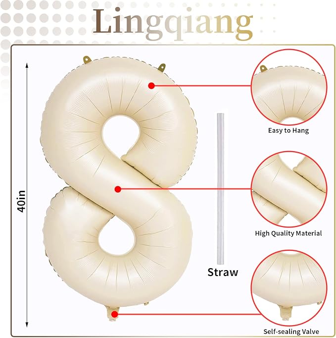 80th Birthday Balloons Cream for Women, 40 Inch Giant Beige Foil Number 80 - Image 2