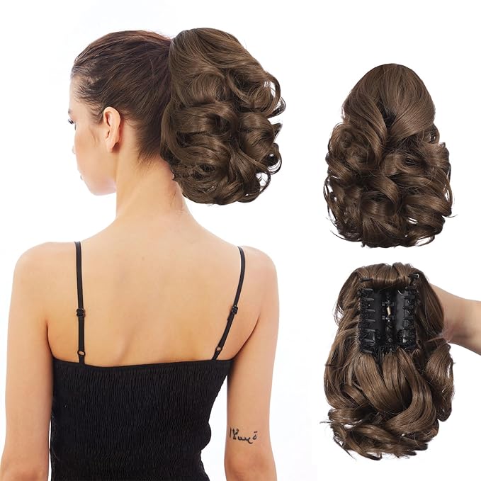 Ponytail Extension, Clip on Ponytails for Women, 9" Claw Clip in Short Curly Wavy Pony Hair Extension for Women - Brown