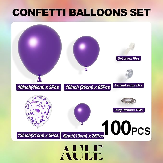 AULE 100Pcs Metallic Purple Balloons 18/12/10/5 Inch Different Sizes | Chrome - Image 3