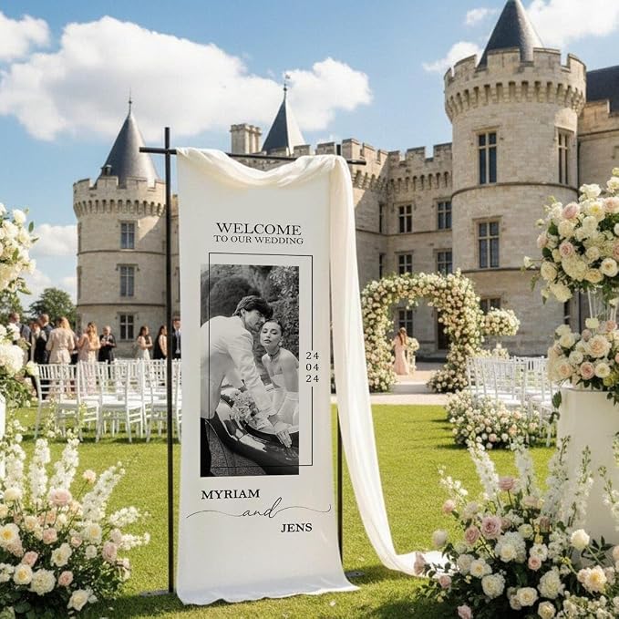 Personalized Wedding Welcome Banner Linen – Custom Names & Date, Elegant Fabric by Custom