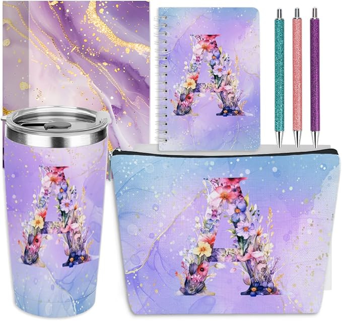 Personalized Gifts Monogrammed Birthday Gifts for Women, Bridesmaid Bachelorette Party Wedding Christmas Initial 20 oz Tumbler, Makeup Bag Pens Journal Notebook 6 Set, (Aesthetic Purple Flower A)