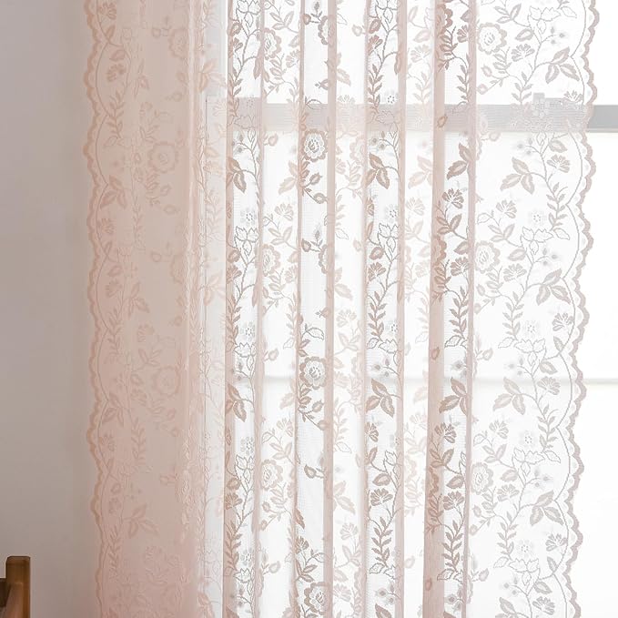 Blush Pink Floral Sheer Lace Curtains - Image 6