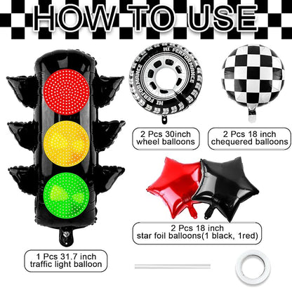 Race Car Party Balloon Set 7pcs Traffic Light, Checkered Balloons, Tire Wheel - Image 2