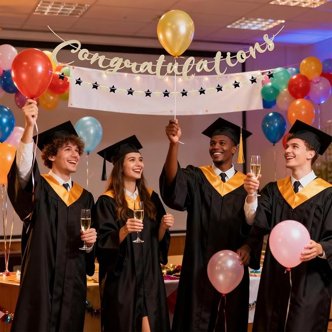 Congratulations Banner, Pre-Strung Black and Gold Graduation Decorations | - Image 7