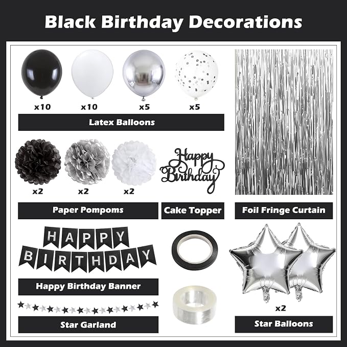 Black and Silver Happy Birthday Party Decorations - Image 2