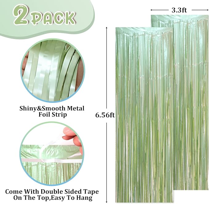 Voircoloria Light Green Foil Fringe Backdrop Curtains, 2 Pack | Tinsel Streamers - Image 2