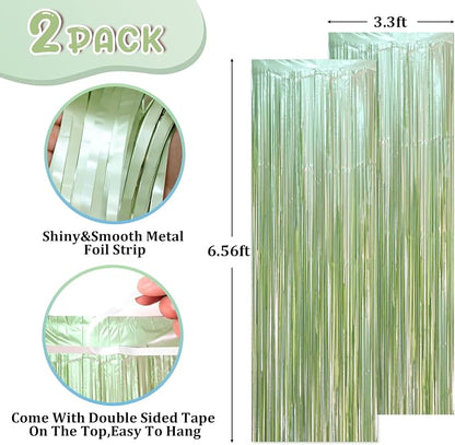 Voircoloria Light Green Foil Fringe Backdrop Curtains, 2 Pack | Tinsel Streamers - Image 2