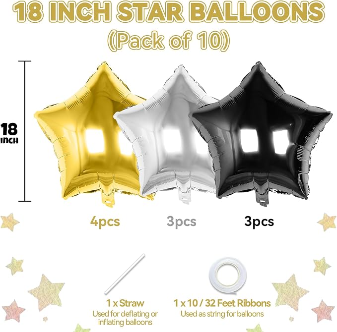 Black Gold Silver Star Foil Balloons, 18 Inch Metallic Black and Gold Stars - Image 2