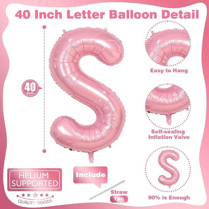 Self Inflating Pastel Pink S Letter Balloon, 40 Inch Large Alphabet Foil Custom - Image 2