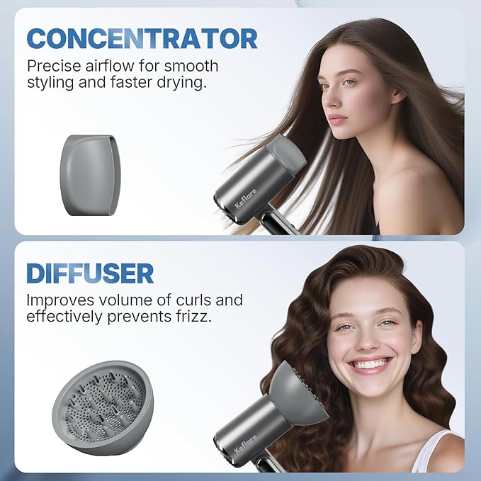 Hair Dryer 1800W Ionic Fast-Drying with Diffuser & Concentrator Nozzle for Curly Hair, Mini Blow Dryer with Compact Design, Foldable, Lightweight, Portable for Home & Travel