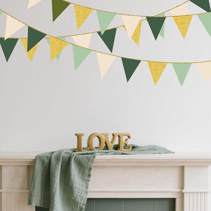 Sage Green Gold Party Decorations Pennant Banner Flag Olive Green Cream Beige - Image 8