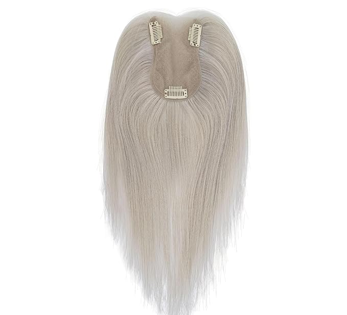 8x11cm Breathable Hair Topper, 12 inches 35g 120% Density Real Human Hair, 3 Non-Slip BB Clips, Wearable on Left, Right & Middle Part, Versatile Styling for Hair Loss & Volume Boost (Grey)