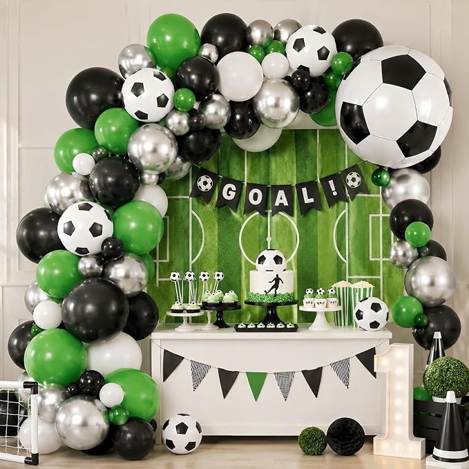 Soccer Balloons, 12 Inch Green Black White Metallic Silver Latex Balloons - Image 4