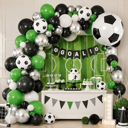 Soccer Balloons, 12 Inch Green Black White Metallic Silver Latex Balloons - Image 4