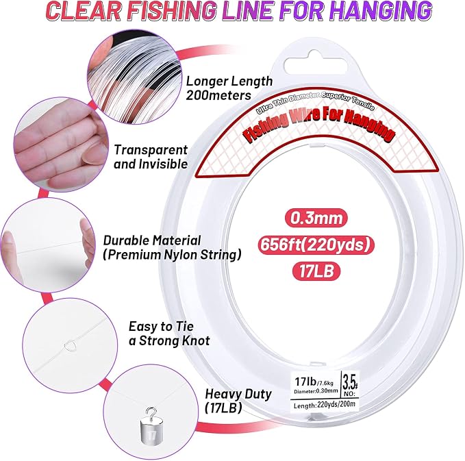 Clear Fishing Wire, Acejoz 656FT Fishing Line Clear Invisible Hanging Wire - Image 2