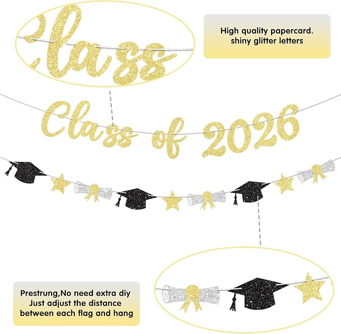 Class of 2026 Banner Gold Graduation Decorations Prestrung 2026 Graduation - Image 3