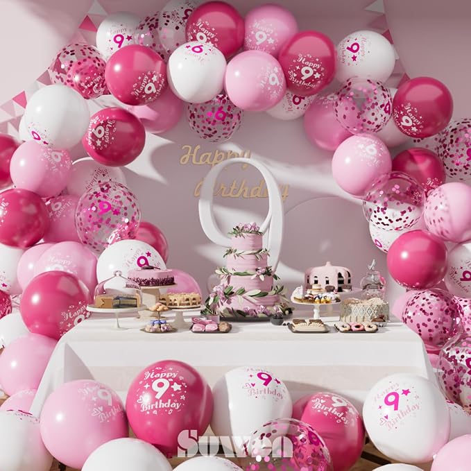SUWEN Pink 9th Number Printed Balloons 38PCS 12 Inch | 1-9 Latex Balloons Happy - Image 2