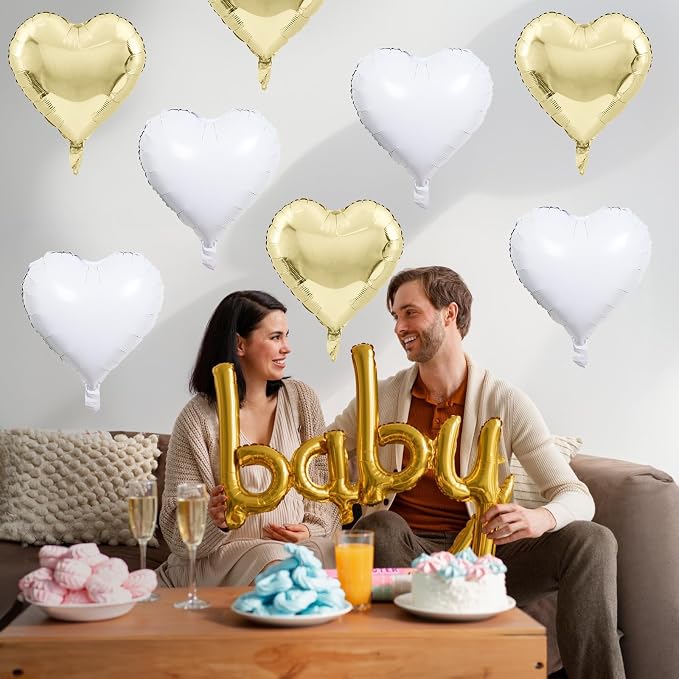 Gold White Foil Heart Balloons, 18 Inch 10 Pcs Pastel Yellow White Foil Heart - Image 4