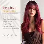 SOFEIYAN Red Wig with Bang 24 Inch Long Straight Ombre Layered Wig Synthetic Natural Hair Bordeaux red Wig Soft Heat Resistant Long Wigs for Women Daily Party Use