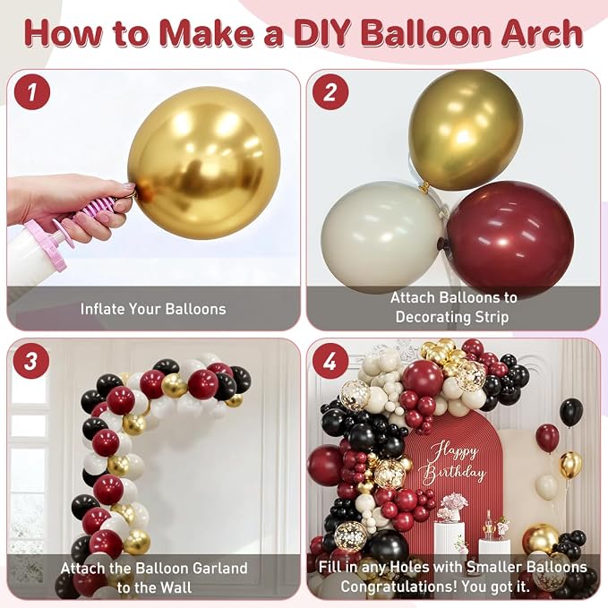 Burgundy Black White Gold Balloon Garland Arch Kit - Image 3