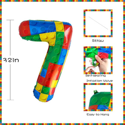 32 Inch Stackable Block Number 7 Balloon – Colorful Brick Building Themed Big - Image 2