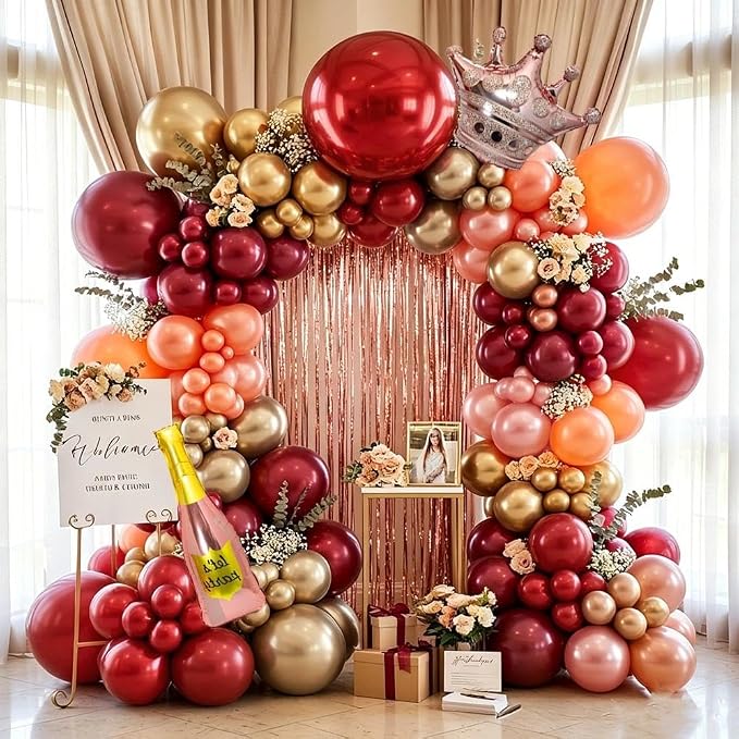 Burgundy Pink Balloon Arch Double Stuffed Dark Red Pink Gold Pearl Balloons by Pinbra