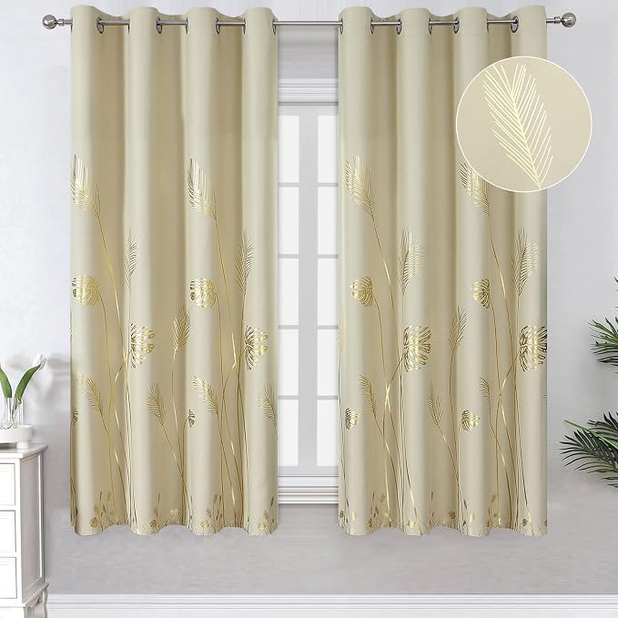 Gold Wheat and Leaf Printed Curtains Light Blocking Curtains Thermal Insulated by ESTELARTEXTILER