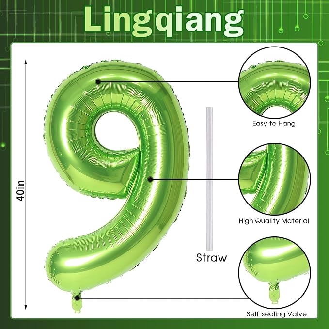 40 Inch Balloon Number 9 Green, Large Foil Number Balloons Set 0-9, Digital 9 - Image 2