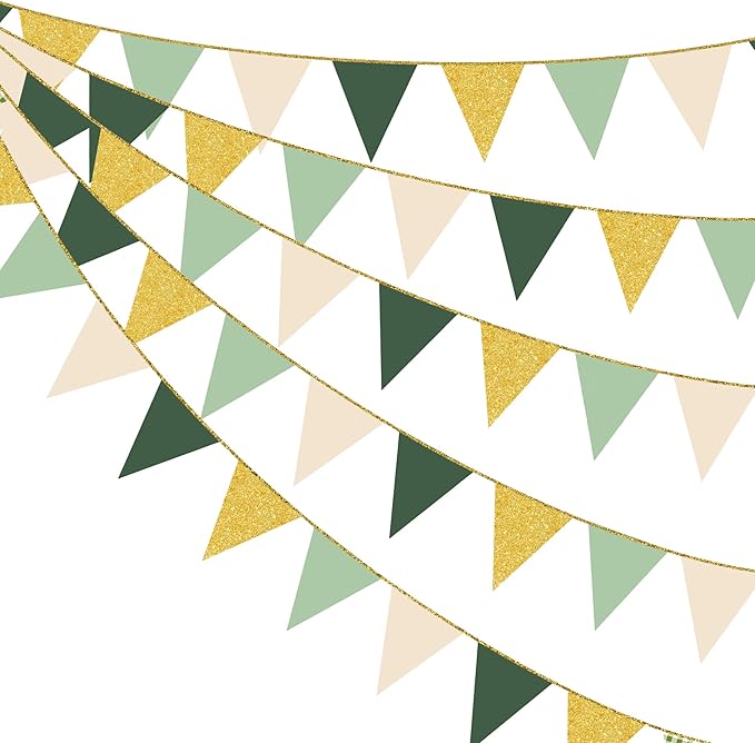 Sage Green Gold Party Decorations Pennant Banner Flag Olive Green Cream Beige by pinkblume