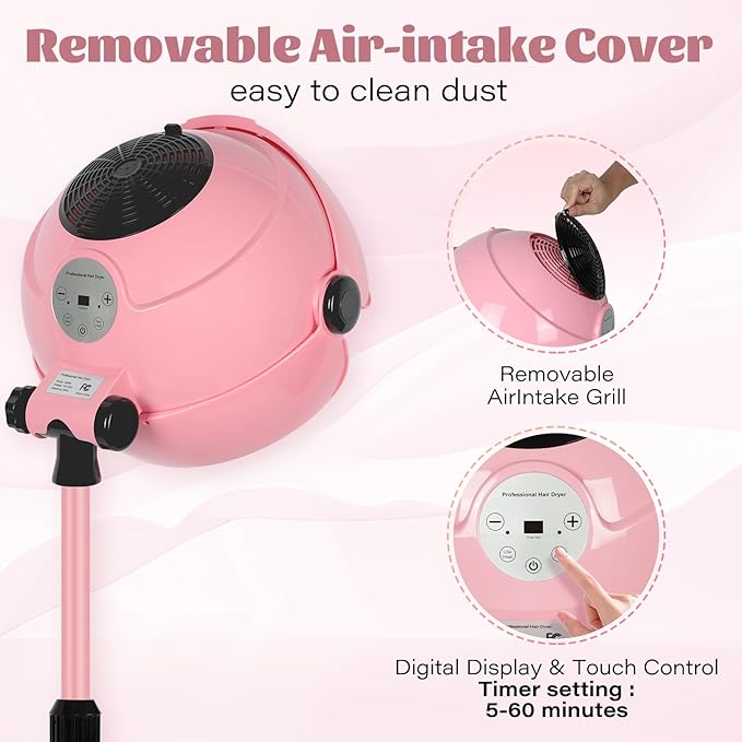 Professional Hooded Hair Dryer Pink,Stand Hair Dryer Bonnet with 3 Temperature Settings,Height Adjustable Sit Under Dryer on Wheels