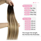 YoungSee Weft Hair Extensions Brown Balayage Human Hair Extensions Sew in Darkest Roots to Medium Brown with Blonde Balayage Double Weft Human Hair Extensions 16Inch 100G