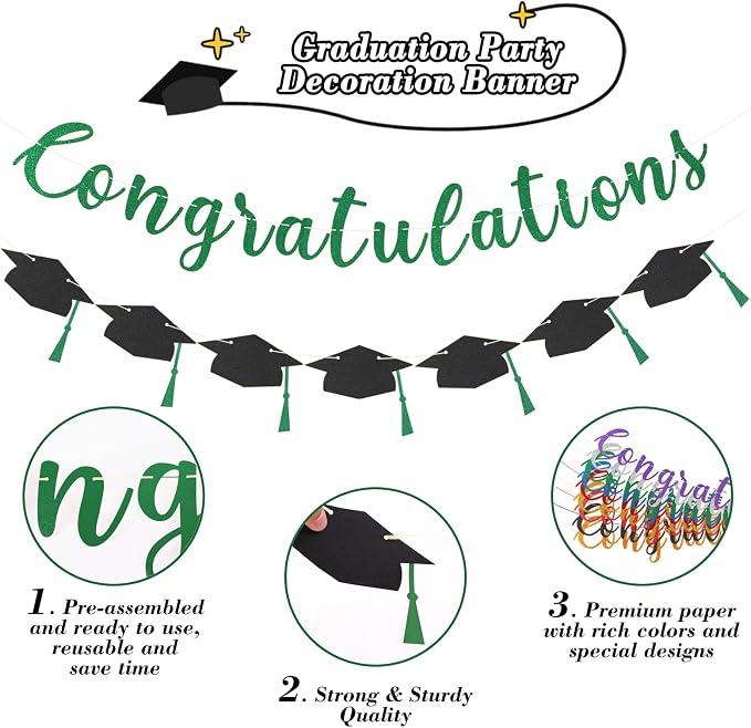 Class of 2026 Graduation Decorations Pre-Strung Glitter Congratulations Banner - Image 2