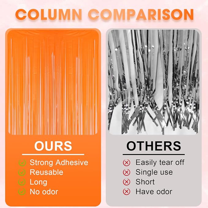 Voircoloria Pastel Orange Foil Fringe Backdrop Curtains, 3 Pack | Tinsel - Image 5