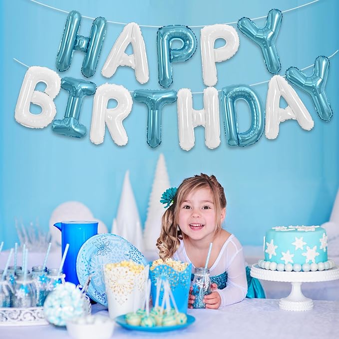 TONIFUL 16 Inch Light Blue White Happy Birthday Balloons Banner Decorations | - Image 3