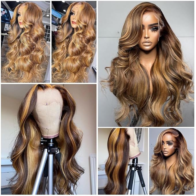 Highlight Ombre Lace Front Wig Human Hair Body Wave 180% Density Frontal Wigs Human Hair 13x6 HD Lace 26 Inch Colored Human Hair Wigs for Black Women Pre Plucked with Baby Hair Glueless Wigs
