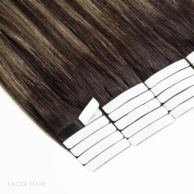 Lacer Brown Glue in Hair Extensions Natural Balayage Seamless Double Side PU Skin Weft Tape in Human Hair Extensions Ombre Darkest Brown to Chestnut Brown 100g 40pcs/set 24 Inch