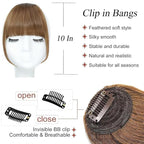 Clip in Bangs Light Brown Color 100% Real Human Hair Wispy Clip on Bangs Extensions Fringe with Temples Hairpieces for Women