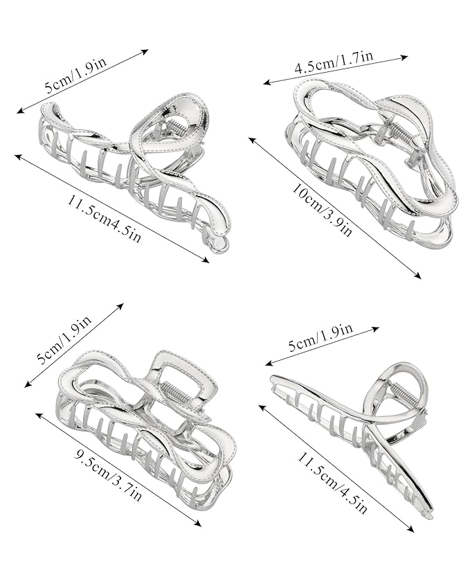 HAIMEIKANG 4 PCs Metal Hair Claw Clips for Women - Irregular Large Hair Clips for Thick Hair Thin Hair Non-Slip Hair Styling Accessories for Women Girls(Silver #3)