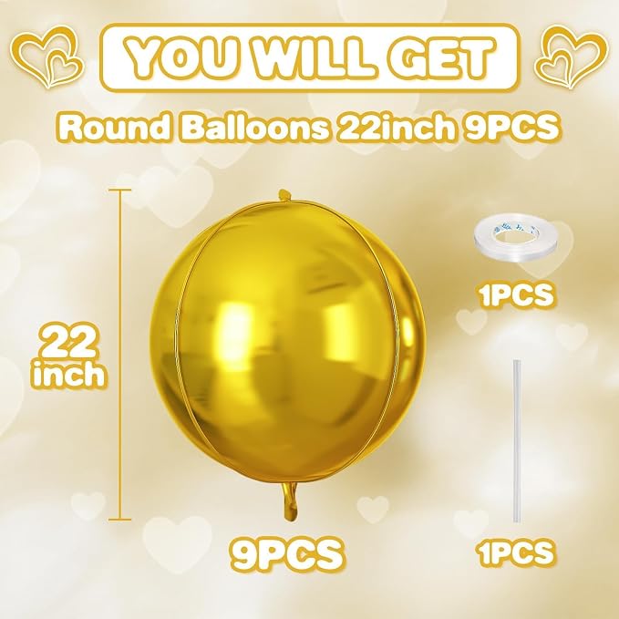 Gold Round Foil Balloons 9 pcs, Metallic Gold Giant 4D Round Balloons 22 Inch - Image 2