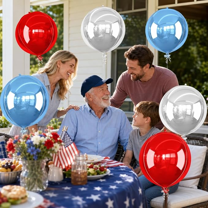 6Pcs Red Blue Silver Round Foil Balloons, 22inch 4D Metallic Balloons, Large - Image 4