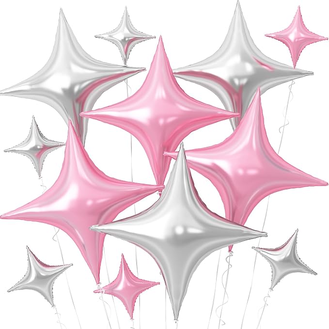 Pink Silver Star Balloons, 26Inch and 10Inch Pink Silver Quadrangle Helium by Adorely
