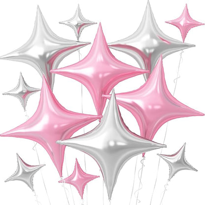 Pink Silver Star Balloons, 26Inch and 10Inch Pink Silver Quadrangle Helium by Adorely