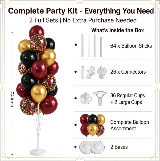 Hiins Balloon Column Kit Set of 2, Burgundy Black Gold Birthday Party Decor | - Image 2