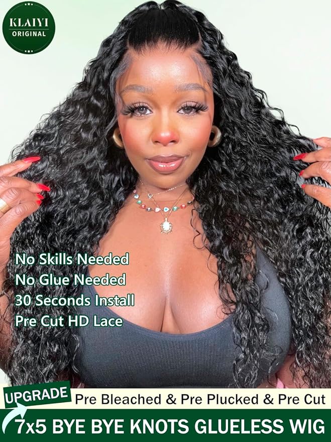 KLAIYI Bye Bye Knots Glueless Wig Pre Cut Water Wave HD Lace Front Wigs Human Hair Pre Bleached Pre Plucked Ready to Go Wigs for Women 30S Easy to Wear Put On and Go Curly Wig Beginner Friendly 16Inch