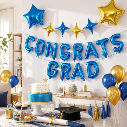 Congrats Grad Balloons, 16 Inch Blue Gold Congrats Grad Letters Banner Balloons - Image 5